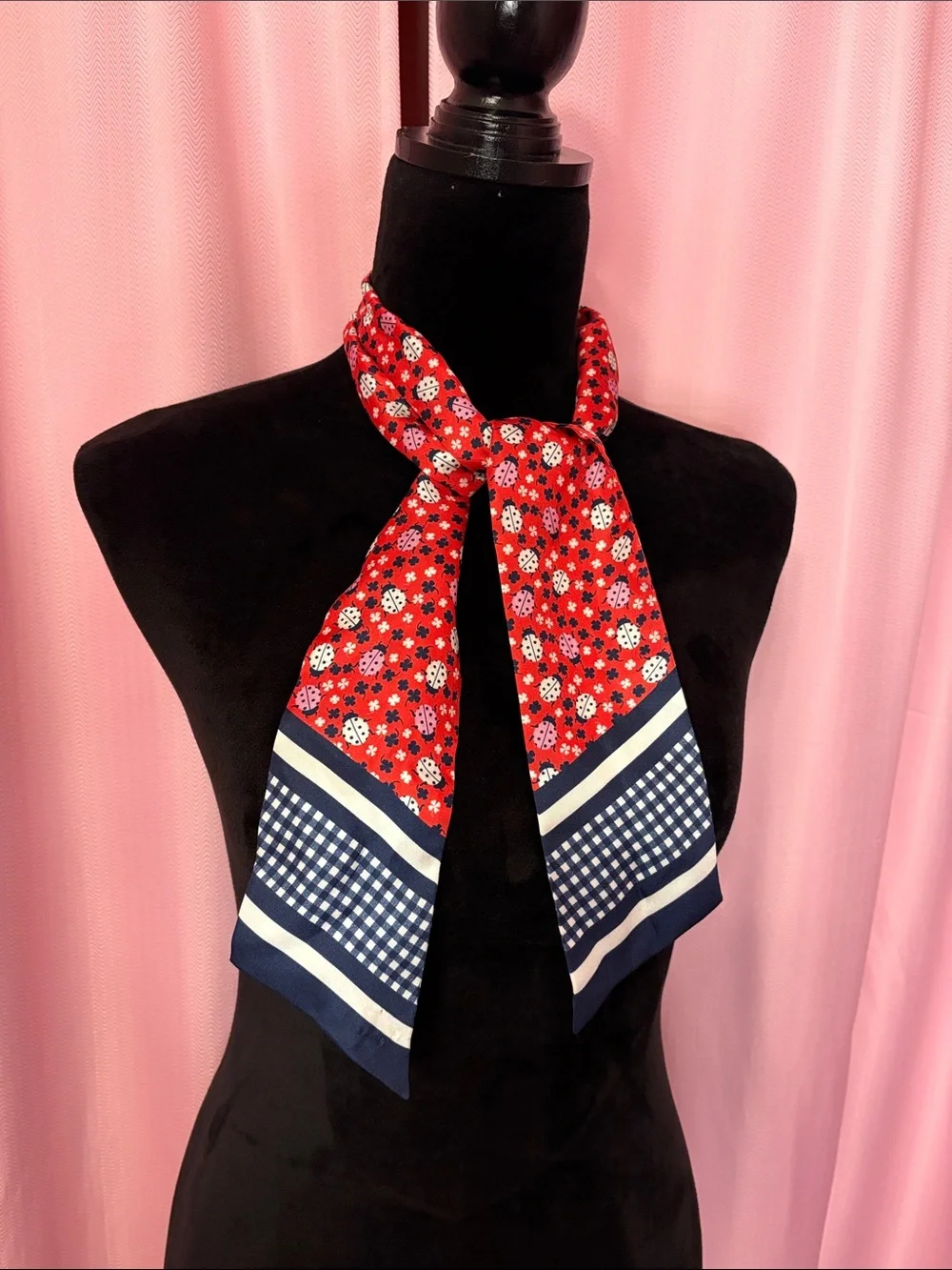 Satin Red and Blue Ladybug and Gingham Scarf